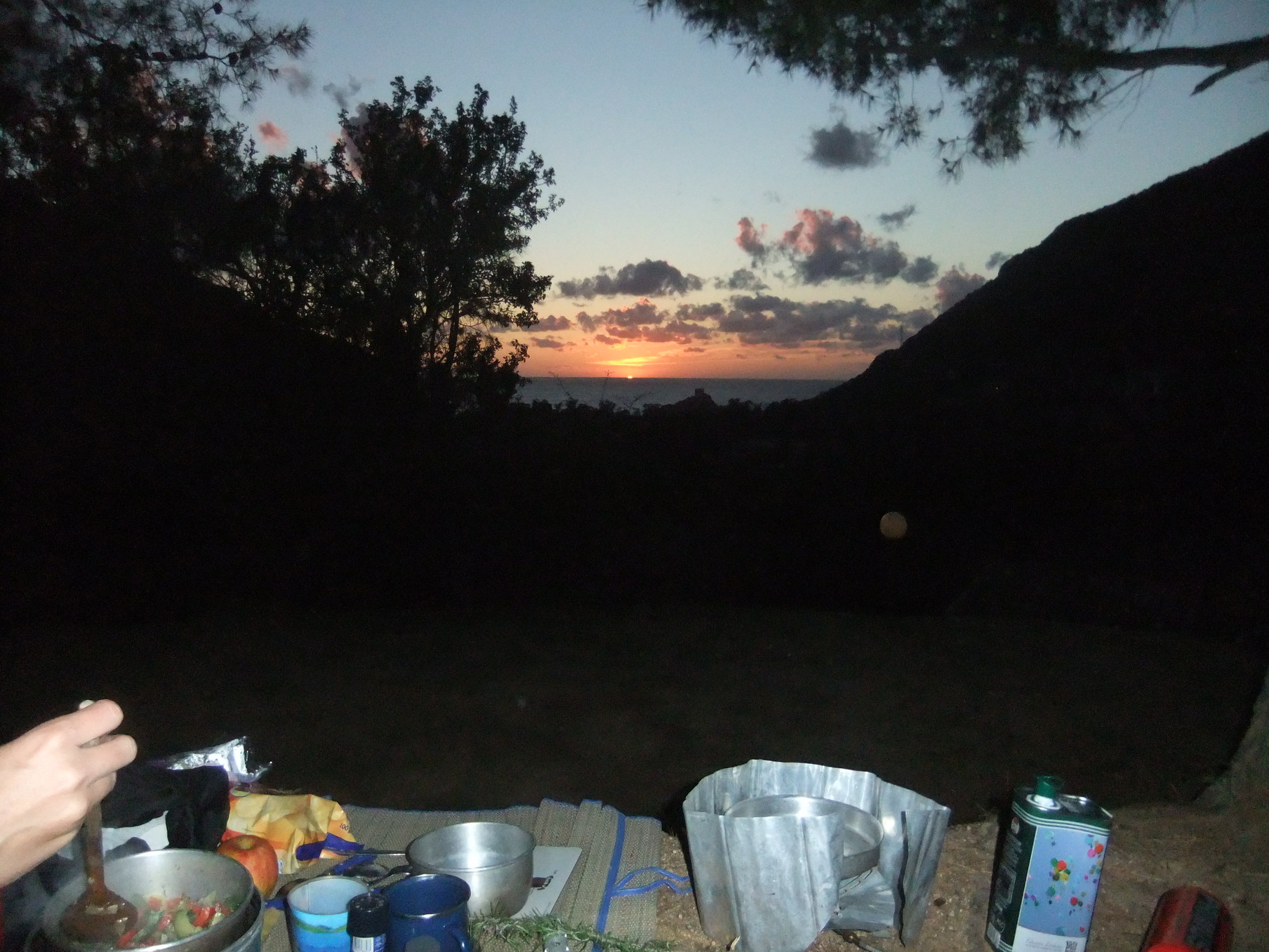 Sunset camping dinner